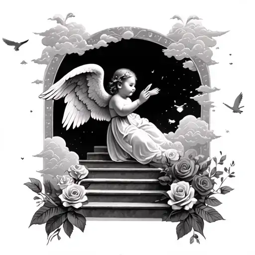 Birds And Clouds In The Background With A Baby Angel Going Up The Stairs To Heaven With Roses