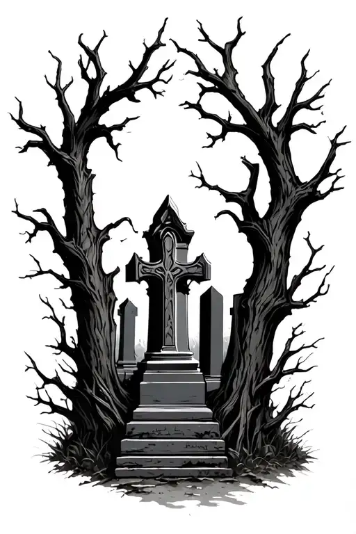 Dead Tree Limbs Surrounding Gothic Cemetary