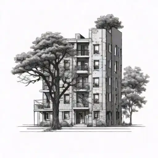 Strip Building Apartments With An Oak Tree