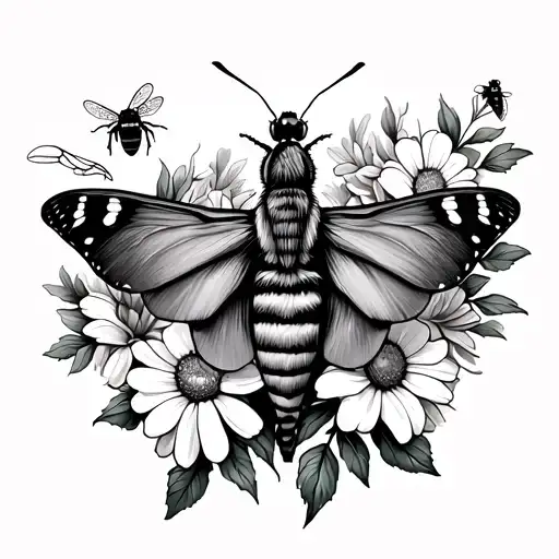 Moth With August Flowers And A Bee Flying