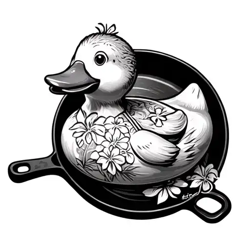 Rubber Duck With Hawaiian Print Apron And Cast Iron Skillet