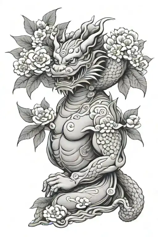 Japanese Tattoo Black And Whiteman Shoulderjapanese Dragoncherry Blossomasian Templebuddhismjapan