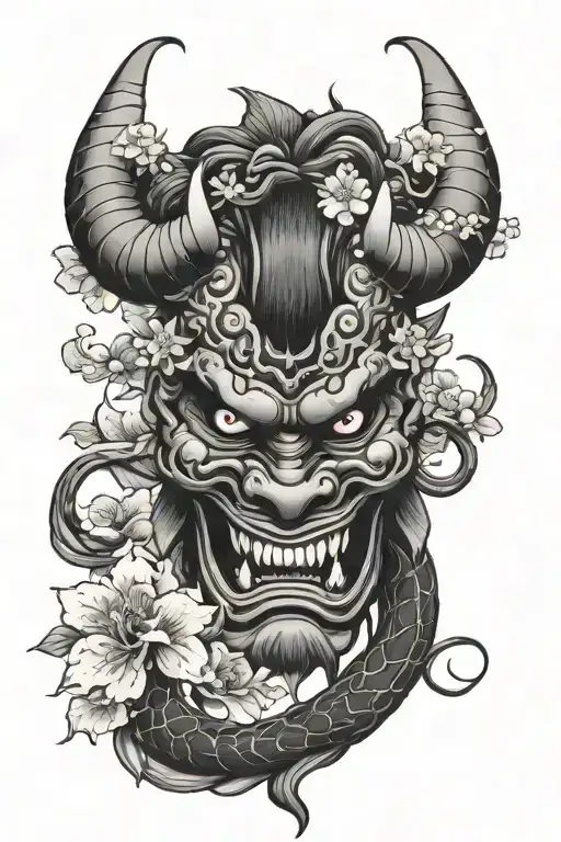 Japan Style Oni Mask With Snake With Sakura And Water