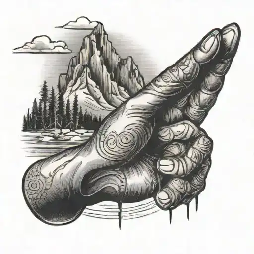 A Traditional Tattoo Of A Hand On A Chest With A Mountain Background
