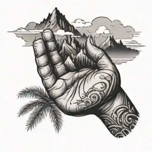 A Traditional Tattoo Of A Hand On A Chest With A Mountain Background On The Palm Of The Hand