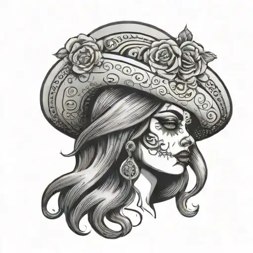 Mexican Death Lady Head With Long Hair