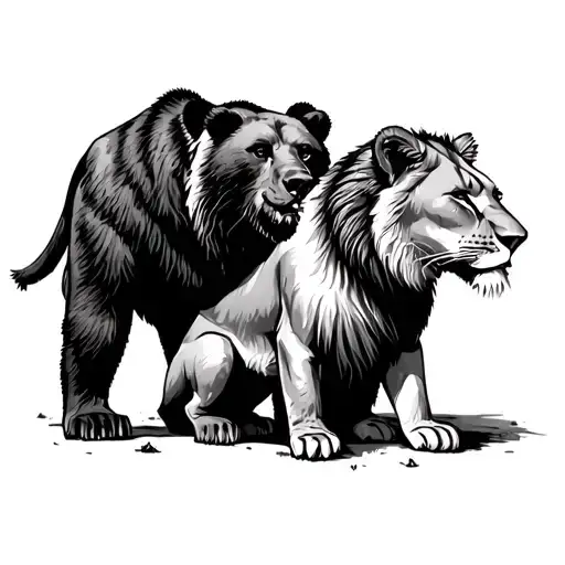 Bear Standing On Hind Legs And A Lioness Sitting In Front Of Him