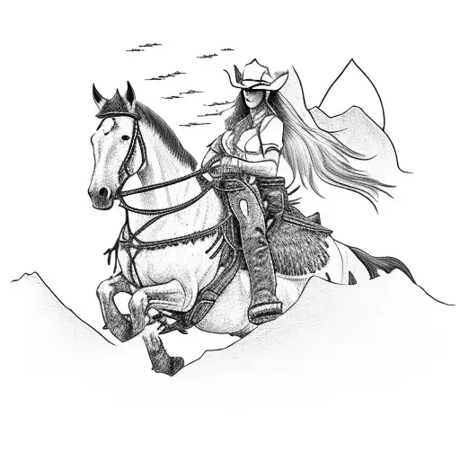 Cowgirl Riding Into The Sunset With Mountains