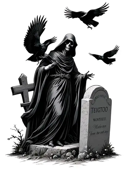 Grave Stone With Ravens And Crows Flying While The Grim Reaper Stands By The Grave