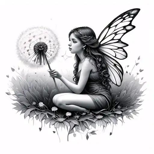 Fairy Blowing Out Dandelion Flower And Sitting
