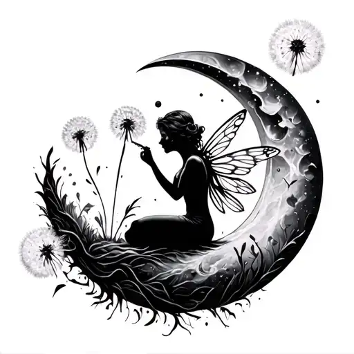 Fairy Blowing Out Dandelion Flower And Sitting On The Moon Crescent