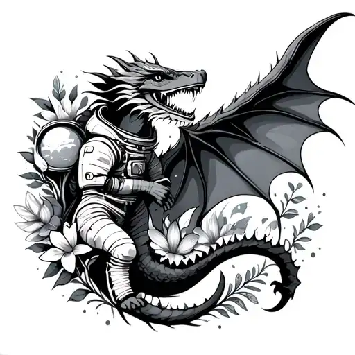 Dragon In Space With Astronaut And Flowers