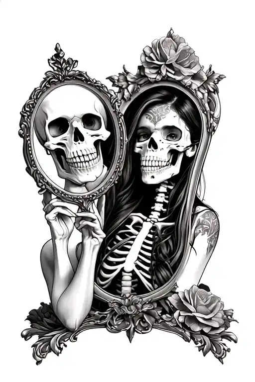 Woman Holding Mirror With Skeleton Reflection Shows