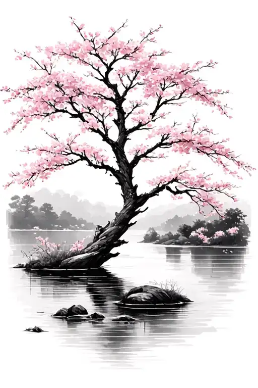 Cherry Blossom Tree At A Lake