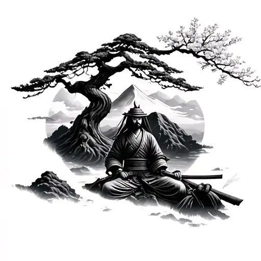 Samurai Peering Over A Moutain Sitting Under A Cherry Blossom Tree