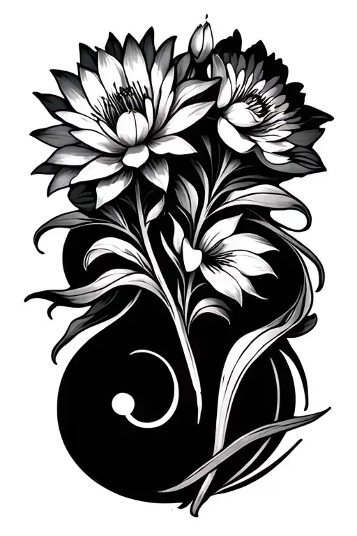 Air Symbol Intertwined With Iris Flower Water Lilly Flower And Chrysanthemum Flower