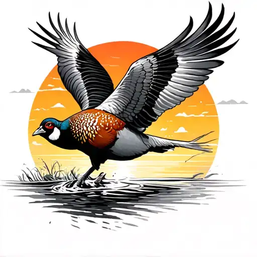 Pheasant Flying At Sunset Background And Fish Jumping Out Of Water