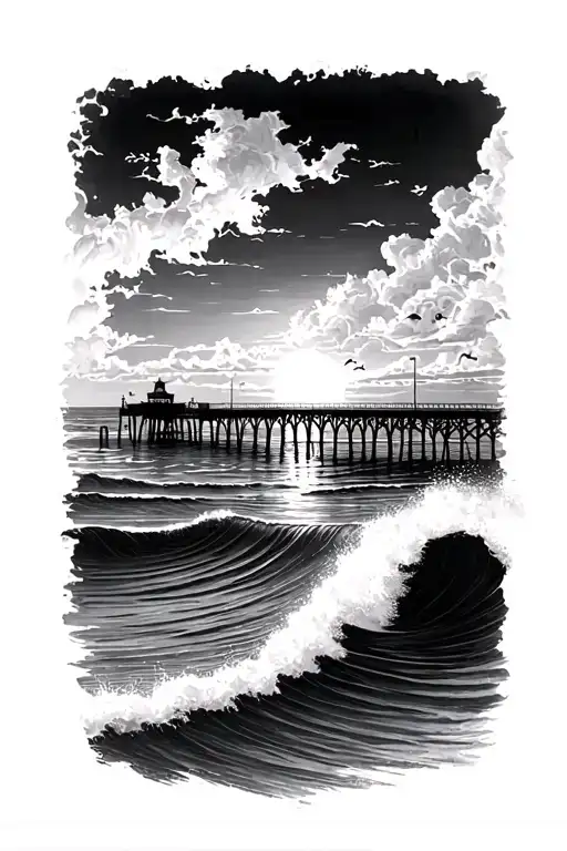 Waves And Pier Looking On Sunset