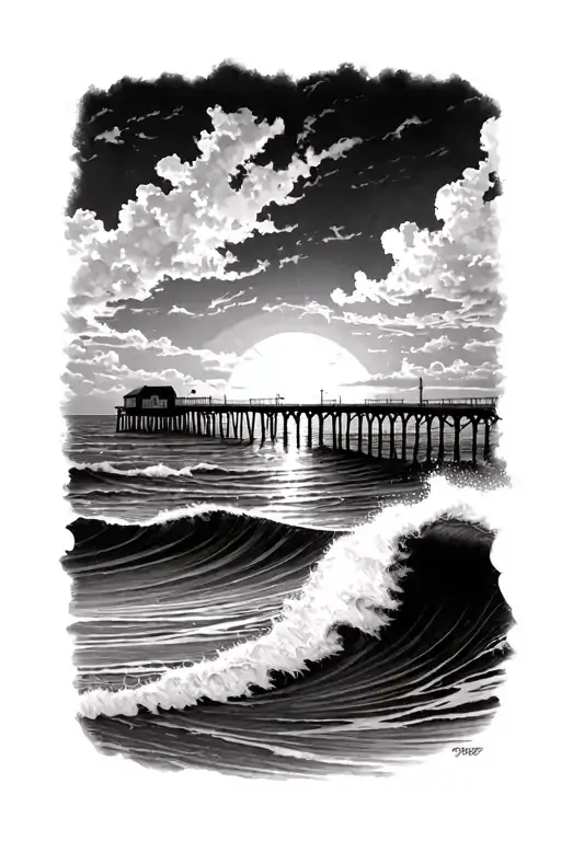 Waves And Pier Looking On Sunset