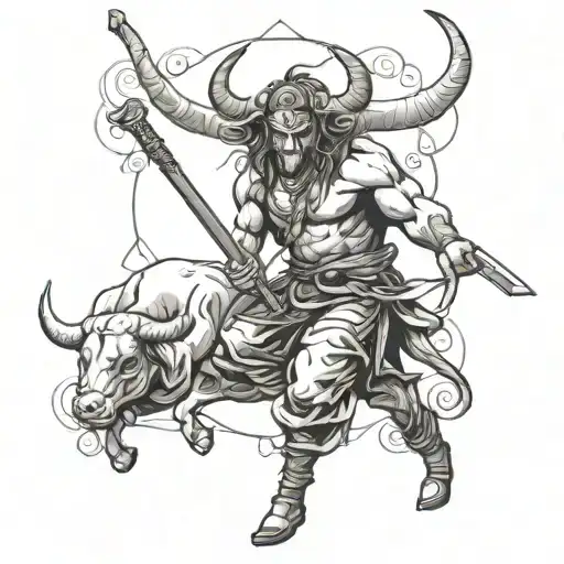 A Taurus With A Sumrai Hat And A Katana In The Hand