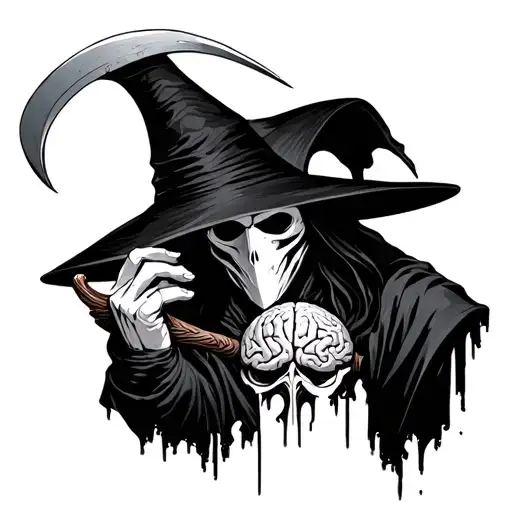 Plague Doctor Taking His Hat Off With A Scythe To Reveal His Brain Very Gothic