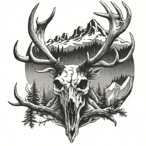 Elk Skull With Mountains