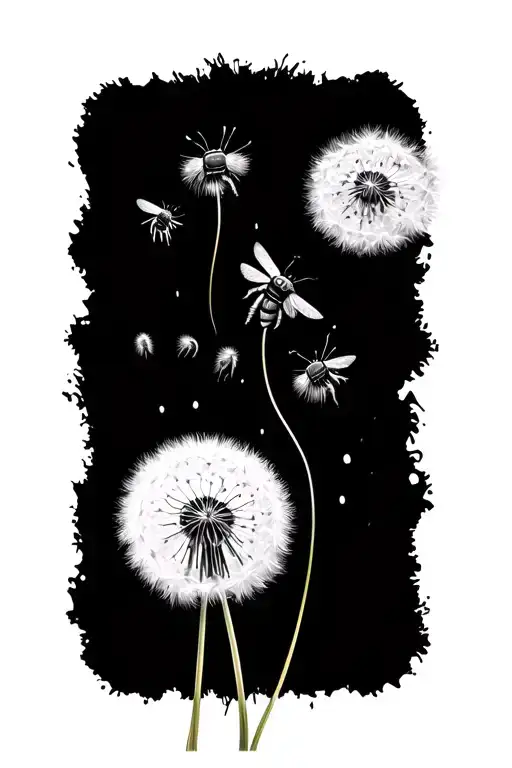 Dandelion Spread 5 Seeds Drifting Away And Bee Flying