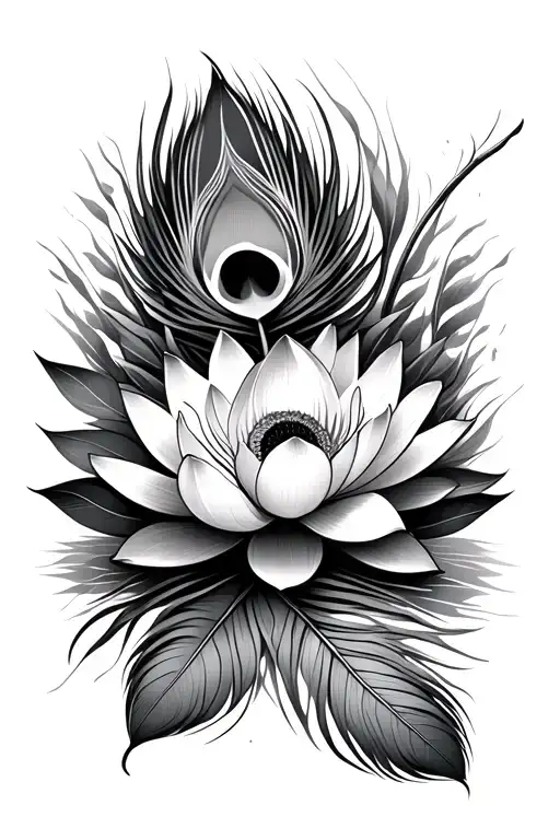 Lotus Flower Blooming With A Peacock Feather