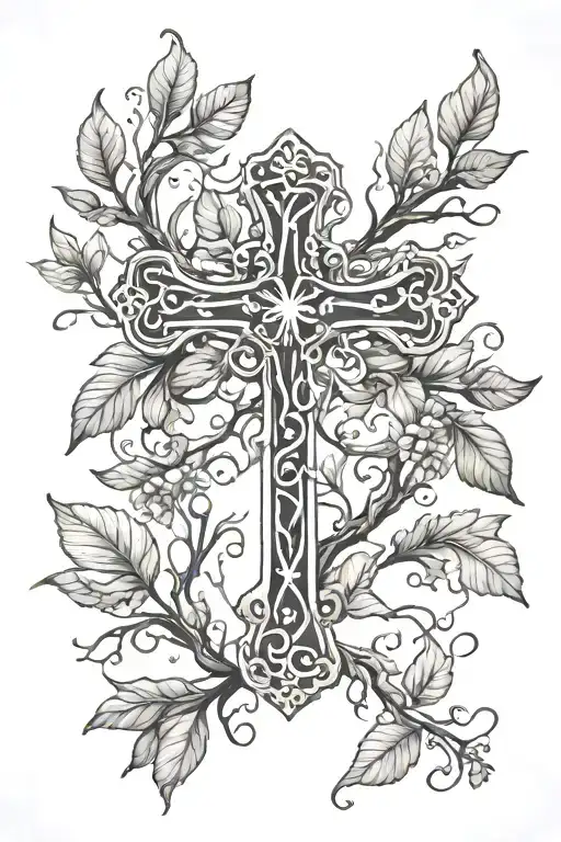 A Stylized Cross Intertwined With Branches And Leaves Representing Faith In Nature