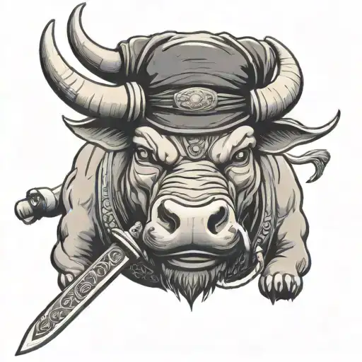 A Bull With A Sumrai Hat And A Katana In The Hand
