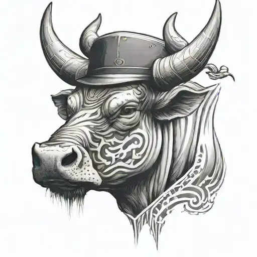 A Bull With A Sumurai Hat On The Head