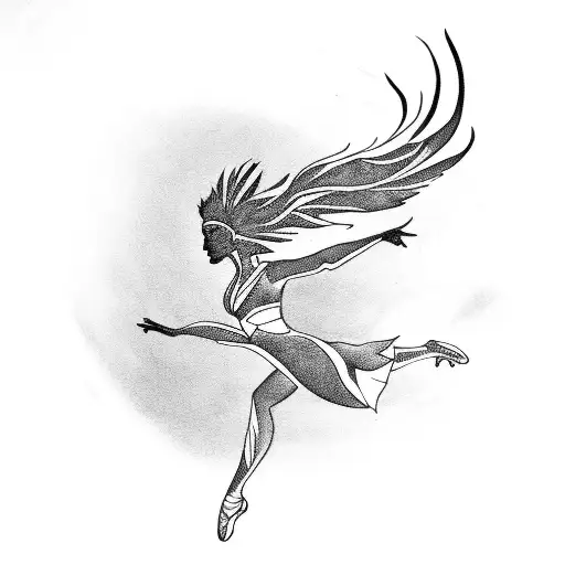A Silhouette Of A Dancer Leaping With Phoenix Feathers Trailing Behind