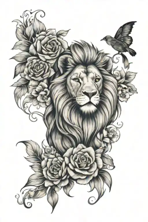 Lion With Florals Half Sleeve Tattoo Design