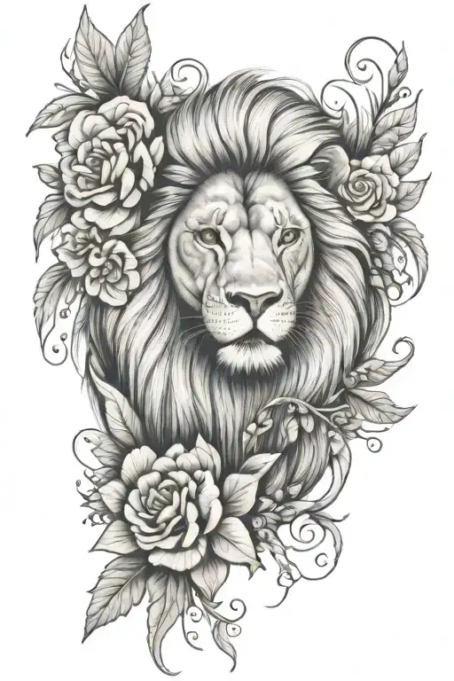 Lion With Florals Half Sleeve Tattoo Design