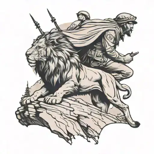 Lion Behind A Soldier Standing On A Mountain