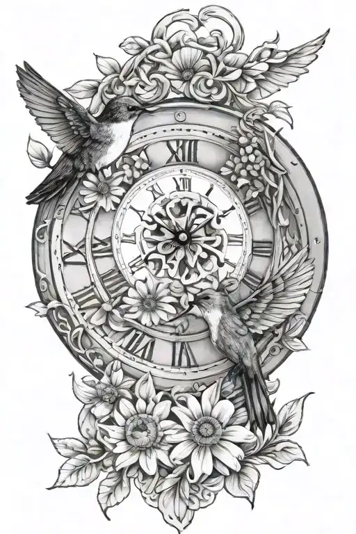 Roman Clock And Hummingbird With Daisys