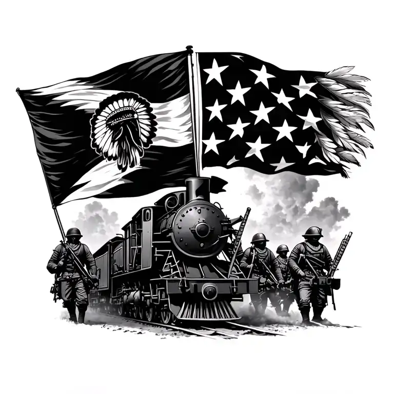 Rebel Flags Ans Black Train With Rebel Soldiers In The Background And Indian Feathers