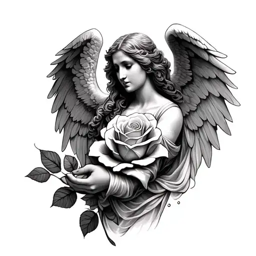Angel Forearm Tattoo Merging With Rose Hand