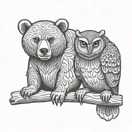 Bear And Owl Sitting Together Symbolizing