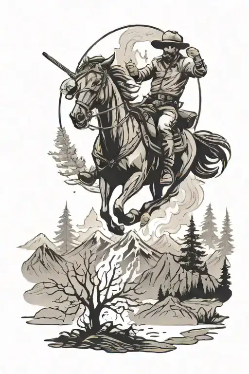 A Bonfire With A Cowboy Riding A Horse Going Up To The Mountains With Timber Trees
