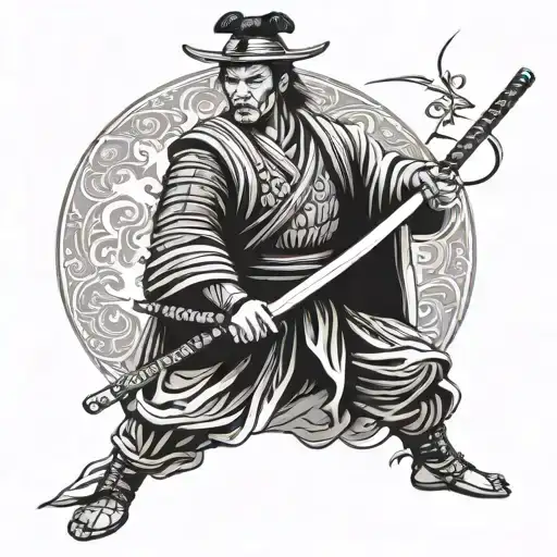 A Japanese Samurai Stands With A Katana Sword