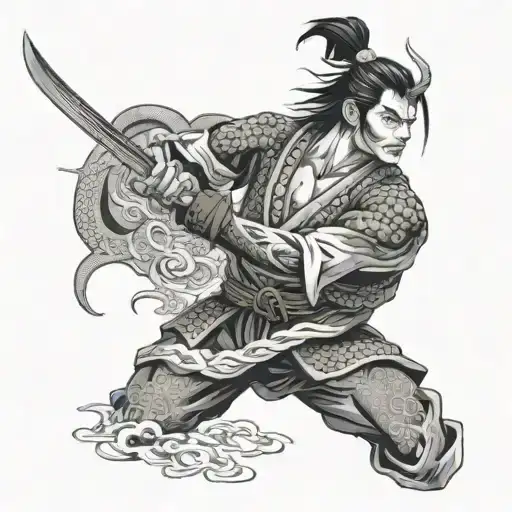 Samurai Man Holding A Sword With Dragon Aura Surrounding It