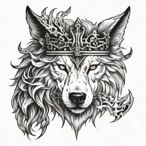 White Wolf With Black Crown Made Of Swords And Lion And Stag Bowing To The Wolf
