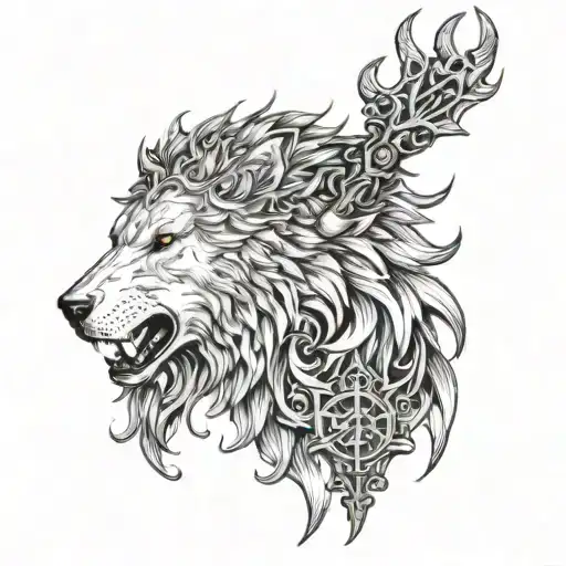 White Wolf With Black Crown Made Of Swords And Lion And Stag Bowing To The Wolf
