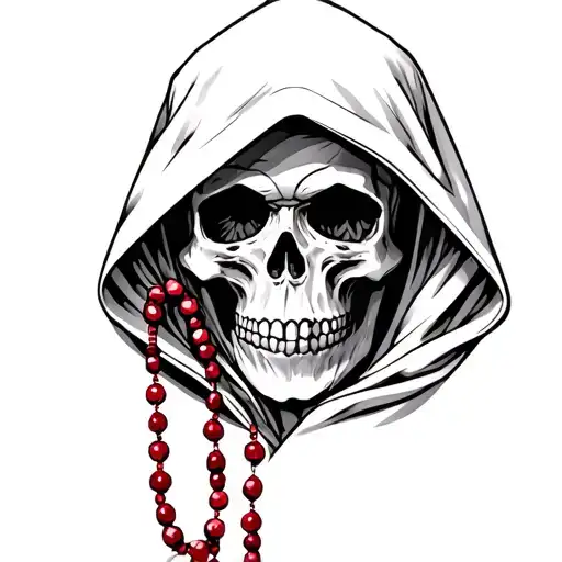 Hooded Skull Holding Red Rosary