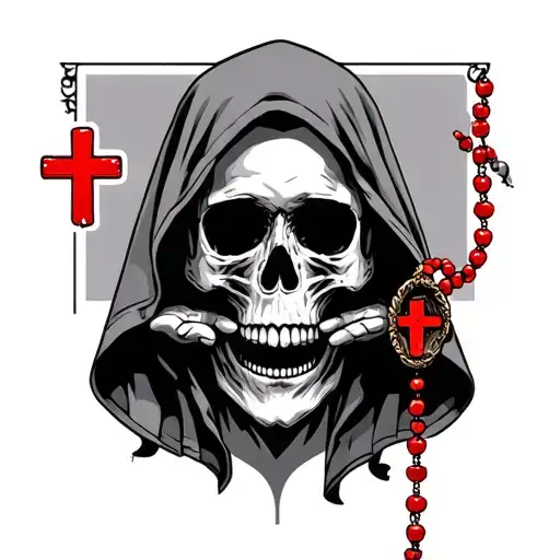 Hooded Skull Holding A Rosary With A Red Cross