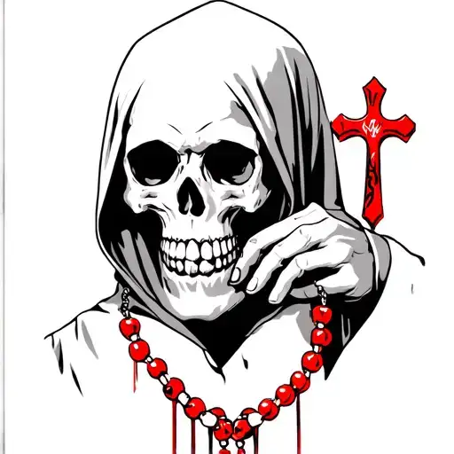 Hooded Skull Holding A Rosary With A Red Cross