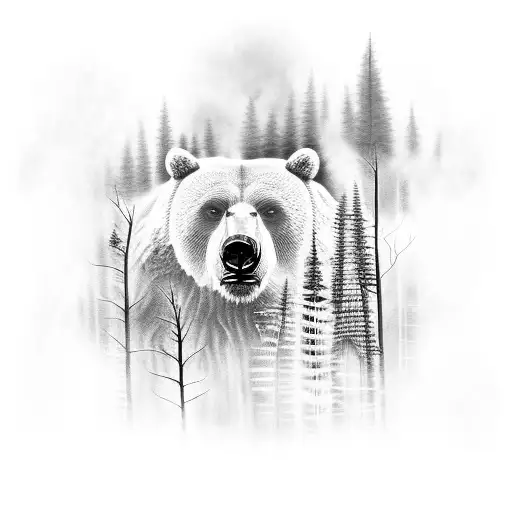 Roaring Bear In Misty Fern Trees With Native American Twist