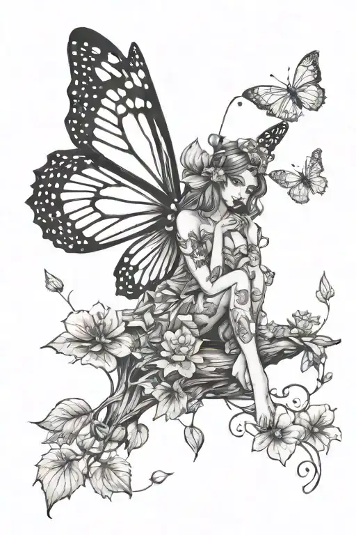 Small Butterfly Fairy Sitting In The Woods With Flowers And Leaves And Trees