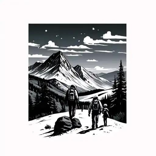 Mountain Landscape With A Hiker Couple And A Child